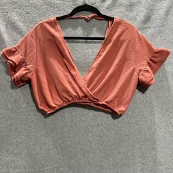 Boho Wrap Crop Top Ruffle Sleeve Open Back Terracotta Rust M