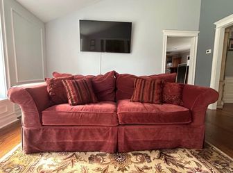 2 Red Velvet Two-Cushion Sofa with Throw Pillows