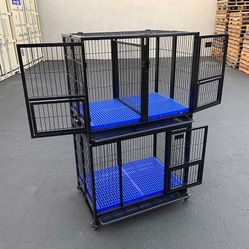BRAND NEW $310 Stacking Dog Crate 37”x25”x64” Heavy-Duty Cage Folding Kennel w/ Plastic Tray (Set of 2)