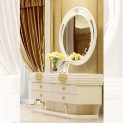 Glam White Gold Dresser Cabinet Entry Table Buffet With Round Mirror 