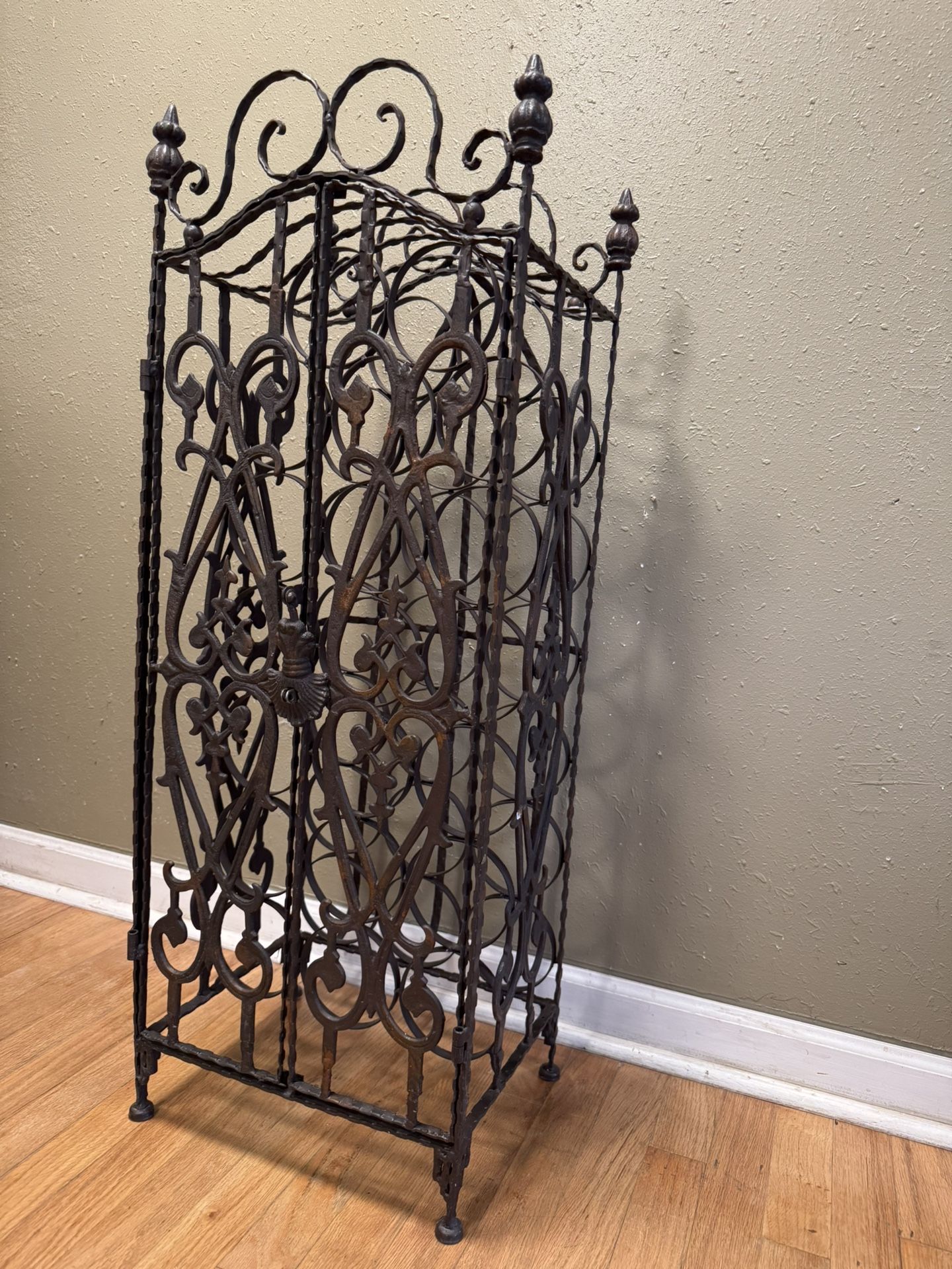 Rustic Wrought And Cast Iron Wine Rack/Cabinet