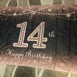 Cloth pink & black happy 14th birthday banner approximately 67"x45" 