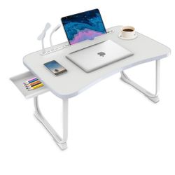 Fayquaze Portable Foldable Laptop Bed Table with USB Charge Port, Storage Drawer and Cup Holder - Lap Desk Laptop Stand Tray Table for Eating, Reading