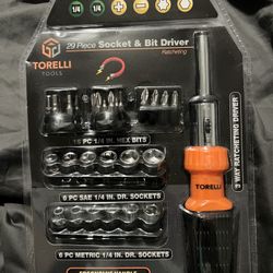NEW IN FACTORY SEALED PACKAGING Torelli 29 Piece 1/4" Drive Socket and Ratcheting Bit Driver. Great for any project 