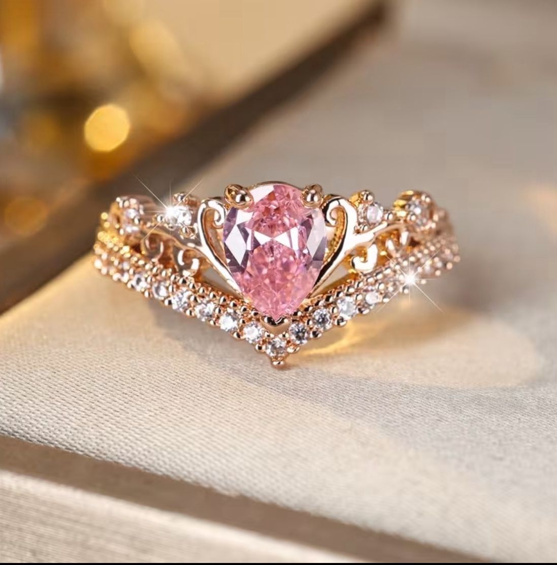 Rose Golden Large Oval-Cut Pink V-Shaped Ring (Marquise-like) - Bohemian-Style Square Bezel Setting, Square Engagement Wedding, Year-Round Wearable Pr