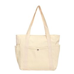 Women Minimalist Canvas Tote Bag, Solid Color Multi‑Compartment Snap Button Large Capacity Shoulder