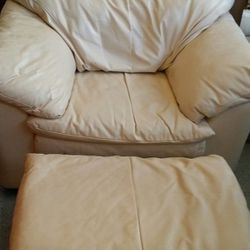 Lite beige leather easy chair & ottoman