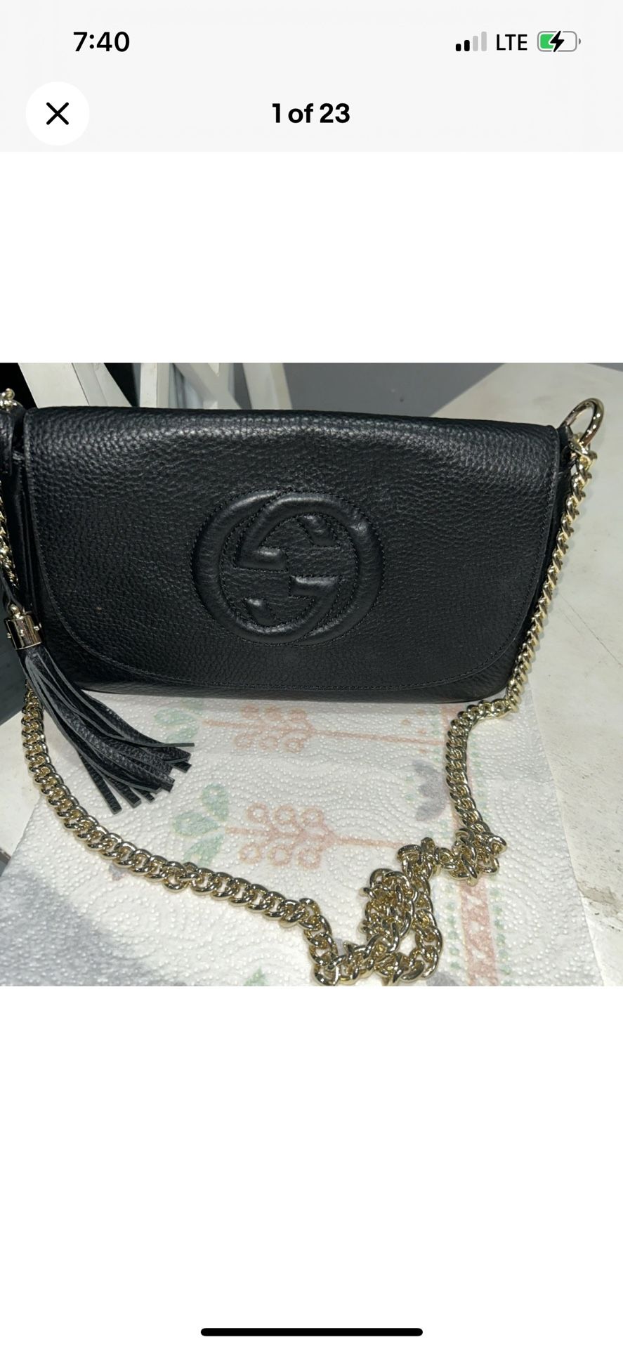Gucci Calfskin Pebbled Medium SoHo Flap Shoulder Bag Chain Strap
