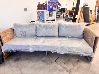 curved wicker patio sofa with cushions Lenore 84” curved wicker patio sofa with cushion