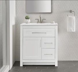 💝 Home Decorators Collection
Clady 30 in Single Sink White Freestanding Bath Vanity with Silver Ash