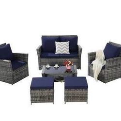 Assembled New 6-Piece Outdoor Patio Furniture Set, Rattan Patio Conversation Set PE Wicker