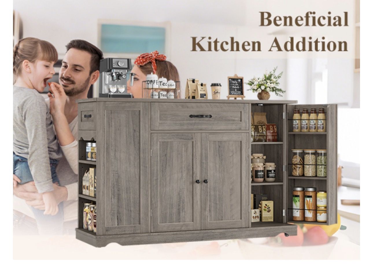 Kitchen Island Cart with Storage, 47'' Kitchen Storage Island on Wheels with 2 Drawers, Rolling Island Table with Adjustable Shelves, Mobile Buffet Si