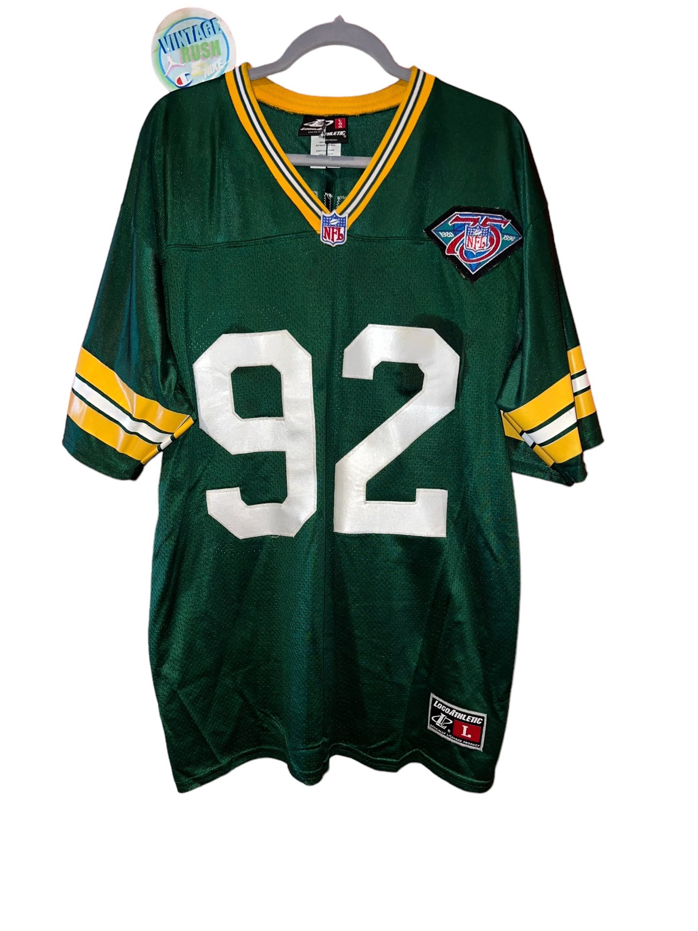 Green Bay Packers reggie white jersey logo athletics green sewn in rare yellow