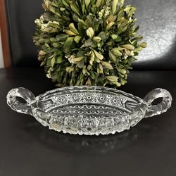 Antique Imperial Glass Nucut Star & Button 2 Handle Oval Pickle Dish 1915yr