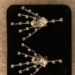 Vintage Silver Tone Clip on Earrings With Clear Rhinestones 