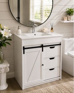 30 in. Single Sink Freestanding Antique Oak Bath Vanity with White Ceramic Top and Sliding Barn Door Unassembled