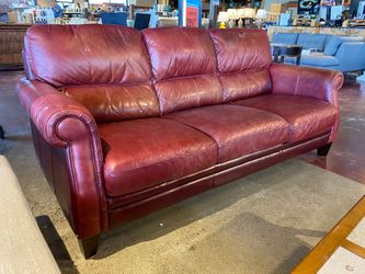Red Leather Rolled Arm 3-Seater Sofa