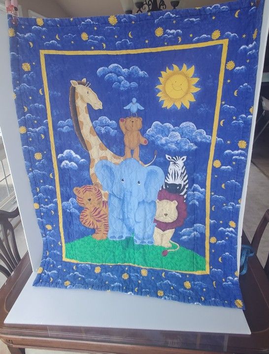 Jungle Animal Handmade Baby Crib Quilt Blanket Reversible Sky Blue Tapestry VTG