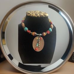 Vintage Multi-Gemstone Coral, Turquoise And Tiger’s Eye Beads Wrap Wire Necklace