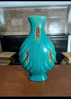 14.5" x 9" Pier 1 ceramic turquoise glazed scallop shell style vase with brown/red/yellow drip splatter accents
