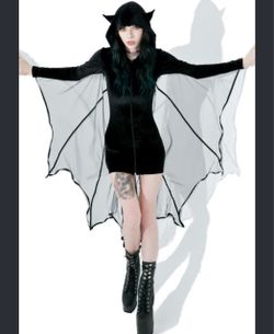 Dolls Kill: Black Velvet Hooded Bat Mini Dress Costume with Mesh Wings (Size: M/L)