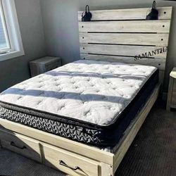 Whitewash Queen Panel Bed with 2 Storage Drawers | Brand New 