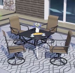 5-Piece Outdoor Dining Set, 35'' Square Table with 4 Swivel Chairs, All Weather Frame Furniture Set - Brown Style2