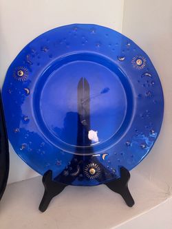 Hand-painted Gold Cobalt Blue Celestial Moon, Stars, Sun Glass Plate Italy 13.5” in Diameter.