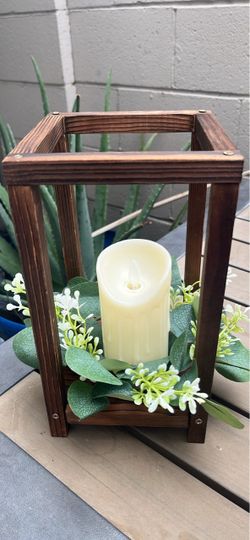 Rustic Wooden Candle Lantern with Greenery