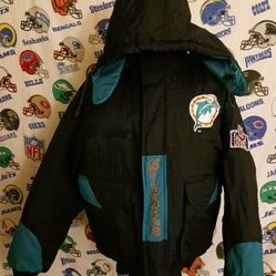 Vintage Vntg 1990s Miami Dolphins NFL Football Pro Player Reversible Puffer Jacket