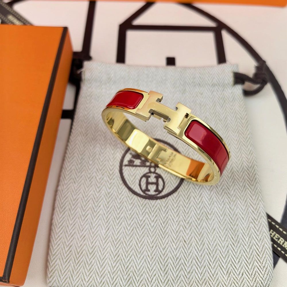 HERMES Red Enamel Bracelet Click HH Bangle