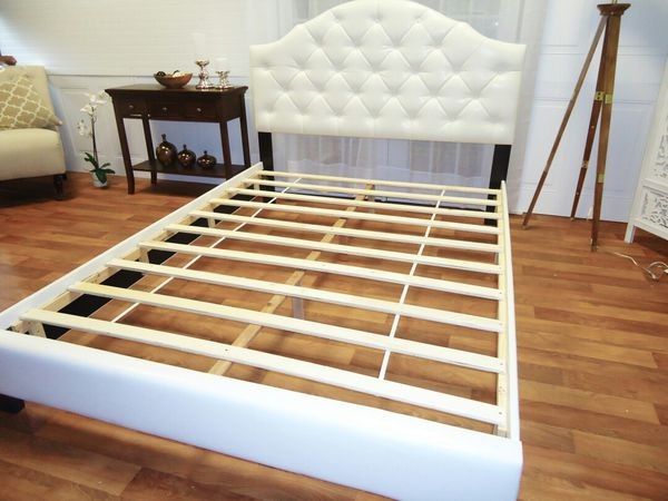 White queen bed frame plush headboard scallop