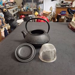 Japanese Tetsubin Black Cast Iron Teapot, Imperial Hobnail Design, Comes With Stainless Steel Strainer 4"H x 6.5"W