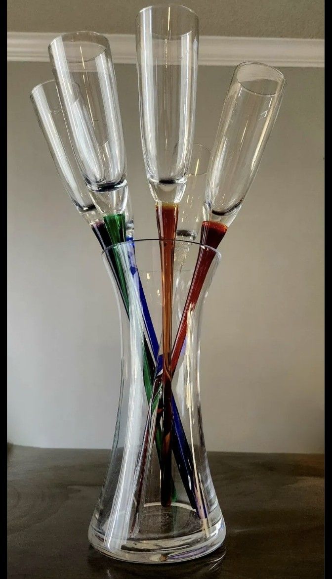Vintage ArtLand Champagne Flutes & Vase 7pc Set Hand Blown 6 oz Crystal