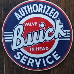 Vintage style Buick Authorized Service round porcelain sign, Valve In Head, Andy Rooney, 10"