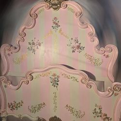 Antique queen bedframe pink & cream stripes floral