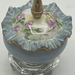 Vintage Hand Painted Ruffled Floral & Gold Ceramic Trinket Jar With Lid Signed   This vintage trinket jar is a beautiful addition to any collection. T