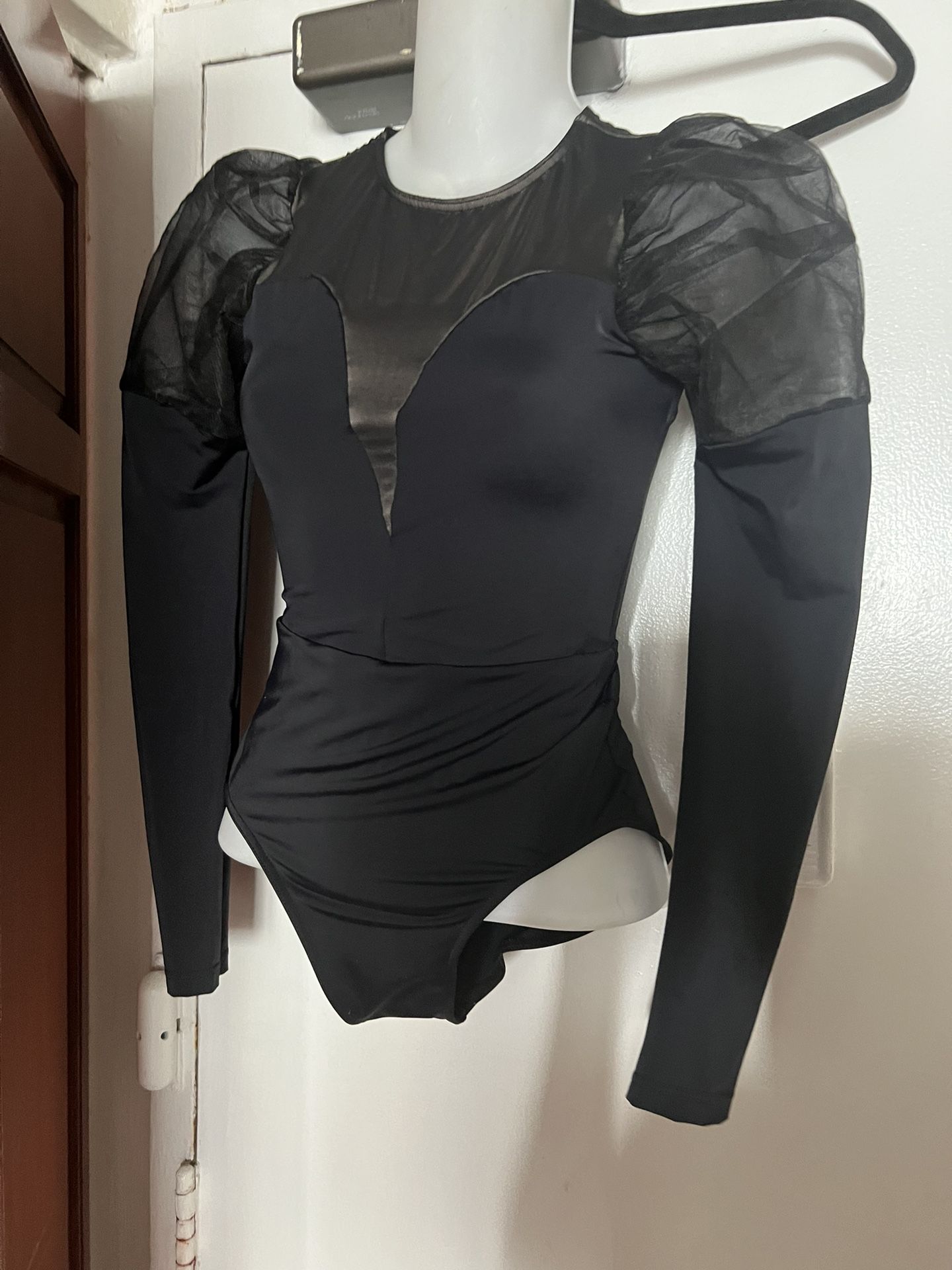 Wessman Bodysuit Shaper One Piece Sheer Big Sleeves Top Sexy Blouse