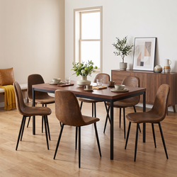 Homy Casa CAJON+CHARLTON 7PC Dining Set 59” Dark Wood Table with 6 Charlton Brown Suede Chairs Open Box