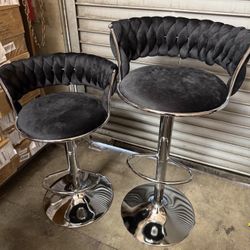 Black Velvet Bar Stools Set of 2 - Adjustable Height Swivel Kitchen Stools with Low Back for Dining Room, Breakfast Bar, Home Decor, and Enterta