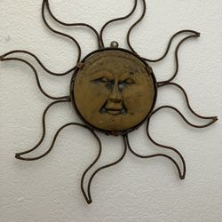Vintage Mexican Wrought Iron And Clay Sun Face Wall Art Indoor Outdoor