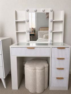 Modern White LED Makeup Vanity w/ Charging Station, Mirror & Stool – 37”