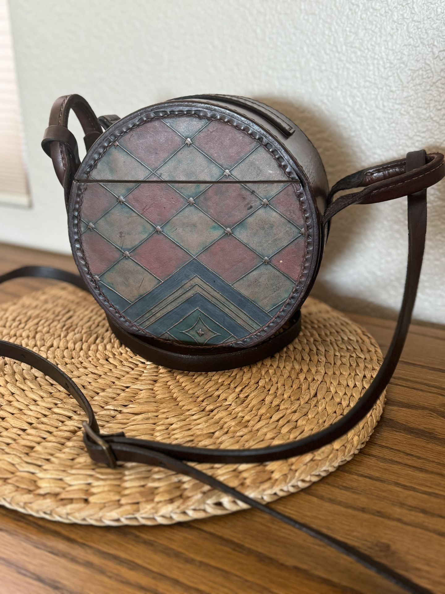 Handcrafted Round Leather Crossbody Bag Geometric Design