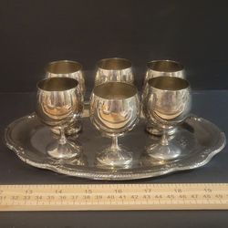 Vintage: Six Silver Plated Goblets With Tray