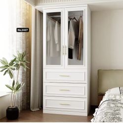 74.8”H Wardrobe Closet with Glass Doors, Modern Bedroom Armoire with Gold Handles, Modern Clothes Storage Cabinet with 3 Drawers, Hanging Rod, White