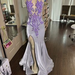 Grey and lavender Velvet with purple rhinestone and iridescent rhinestones Prom Dress  