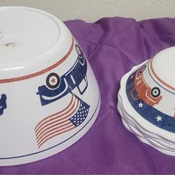 Set Of 6 Melamine Dinner Salad Bowls Red White Blue American Theme