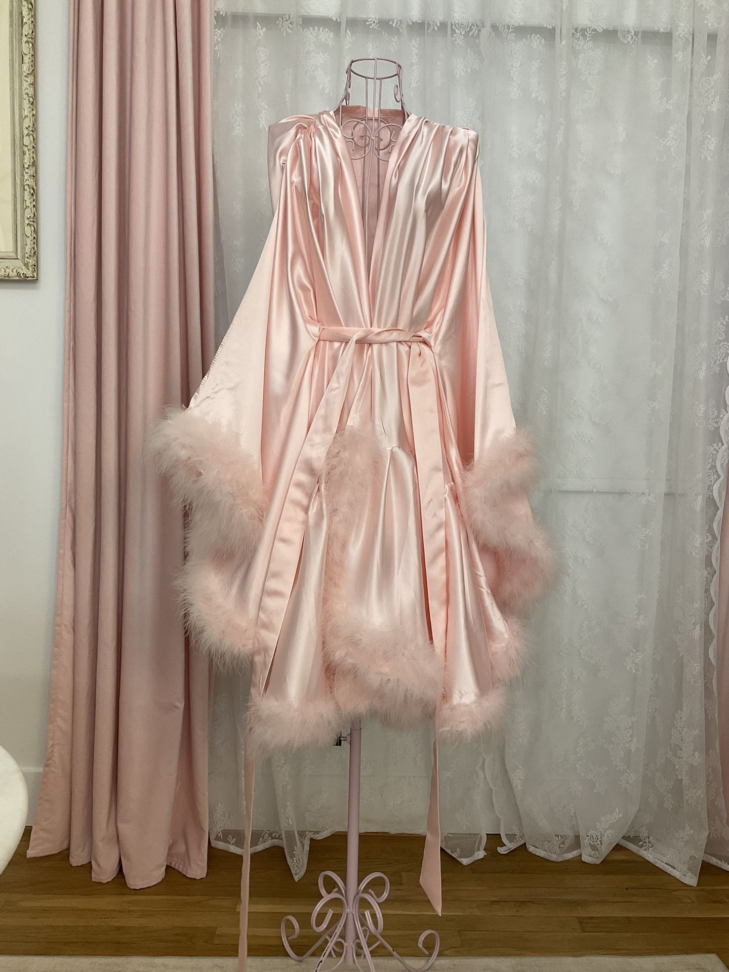 Feathery Pink Silk Satin Robe