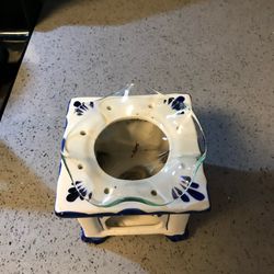 Ceramic Stove-Shaped Candle Holder Teapot Warmer Hand Painted 4" Delft Style