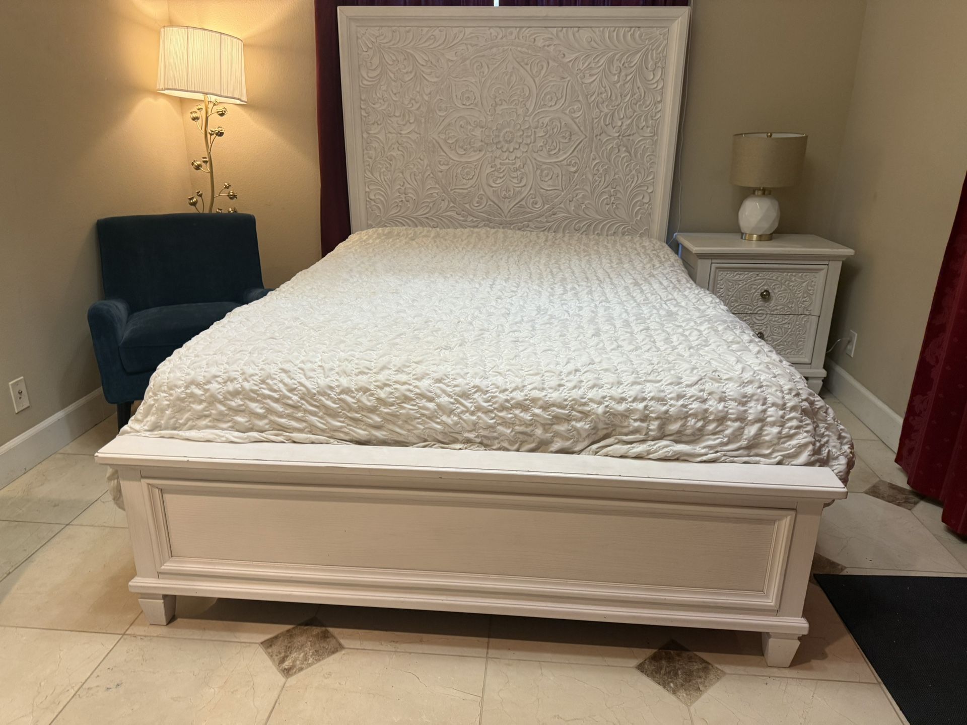 Queen Bed, Mattress, End Table, And Vanity With Mirror